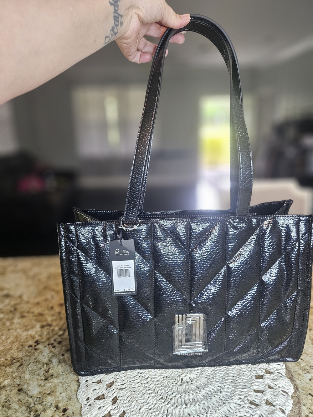 Karl Lagerfeld Black Quilted Patent Tote with Metallic Logo